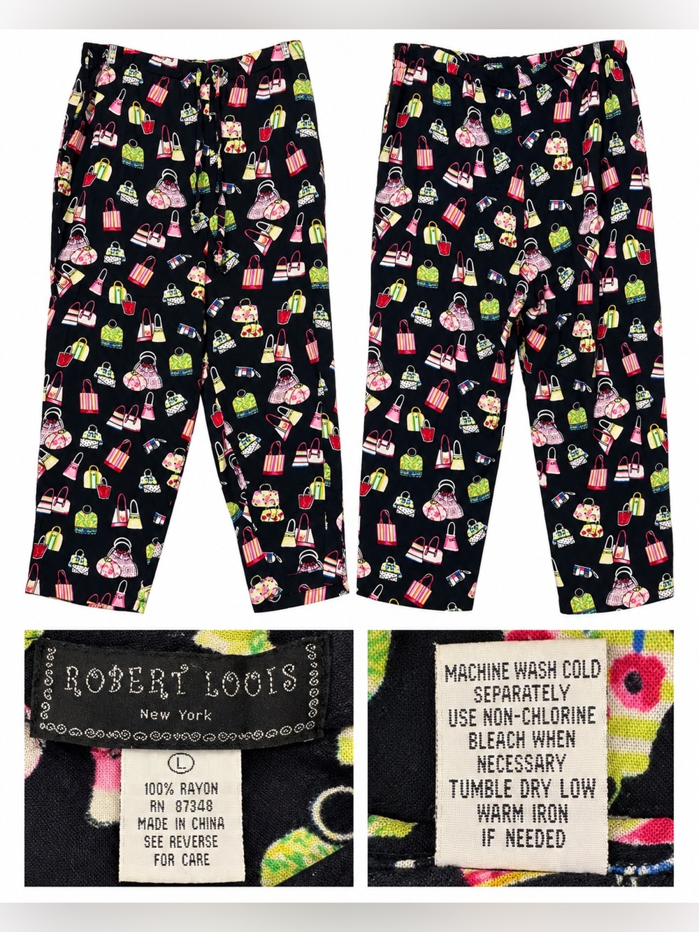 Robert Louis New York Handbag Print Pants Size L 100% Rayon